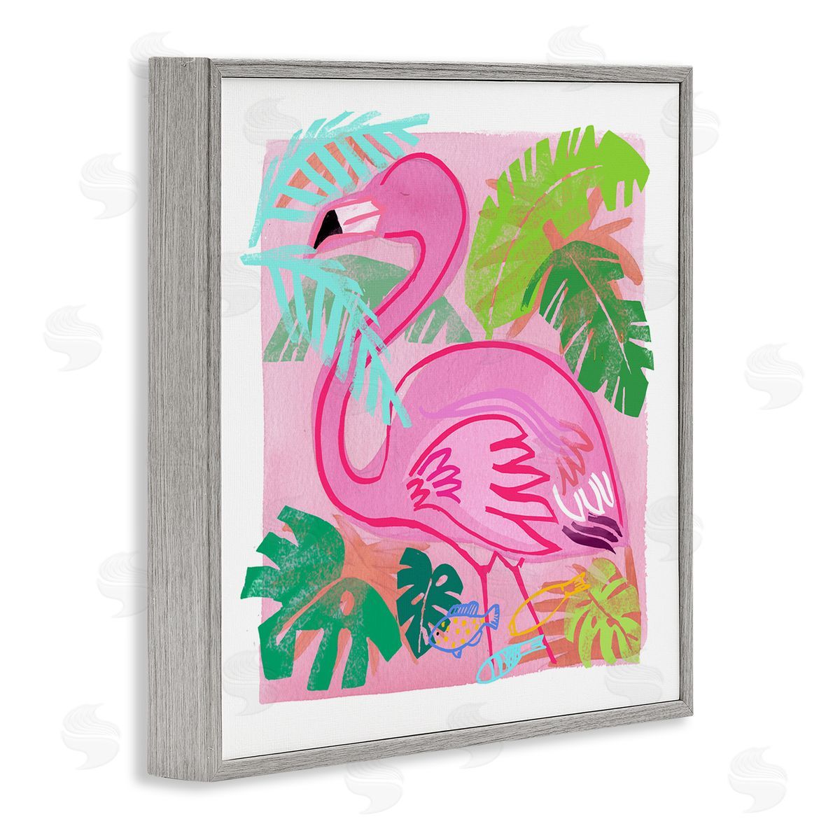 Maret Hensick Tropical Flamingo Bird Layered Fish Beach Leaves  Gray Framed Glicee Wall Art Print