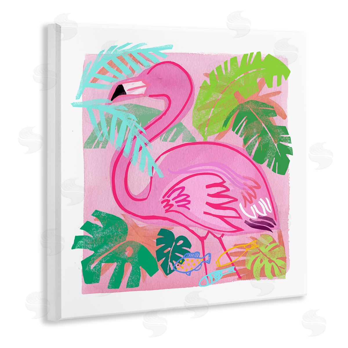 Maret Hensick Tropical Flamingo Bird Layered Fish Beach Leaves  Wooden Wall Plaque Art Print