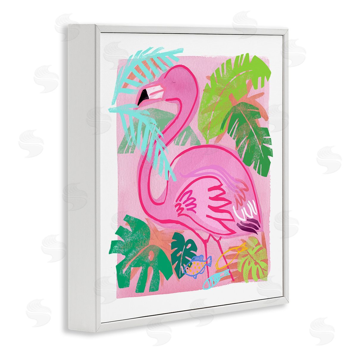 Maret Hensick Tropical Flamingo Bird Layered Fish Beach Leaves  White Framed Glicee Wall Art Print