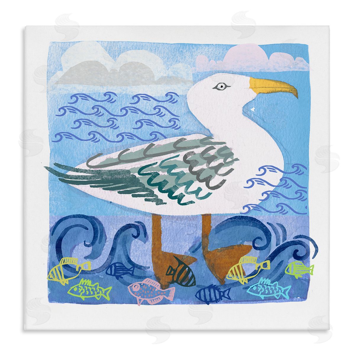 Maret Hensick Whimsical Seagull Bird Layered Ocean Waves Painting Stretched Canvas Wall Art Print