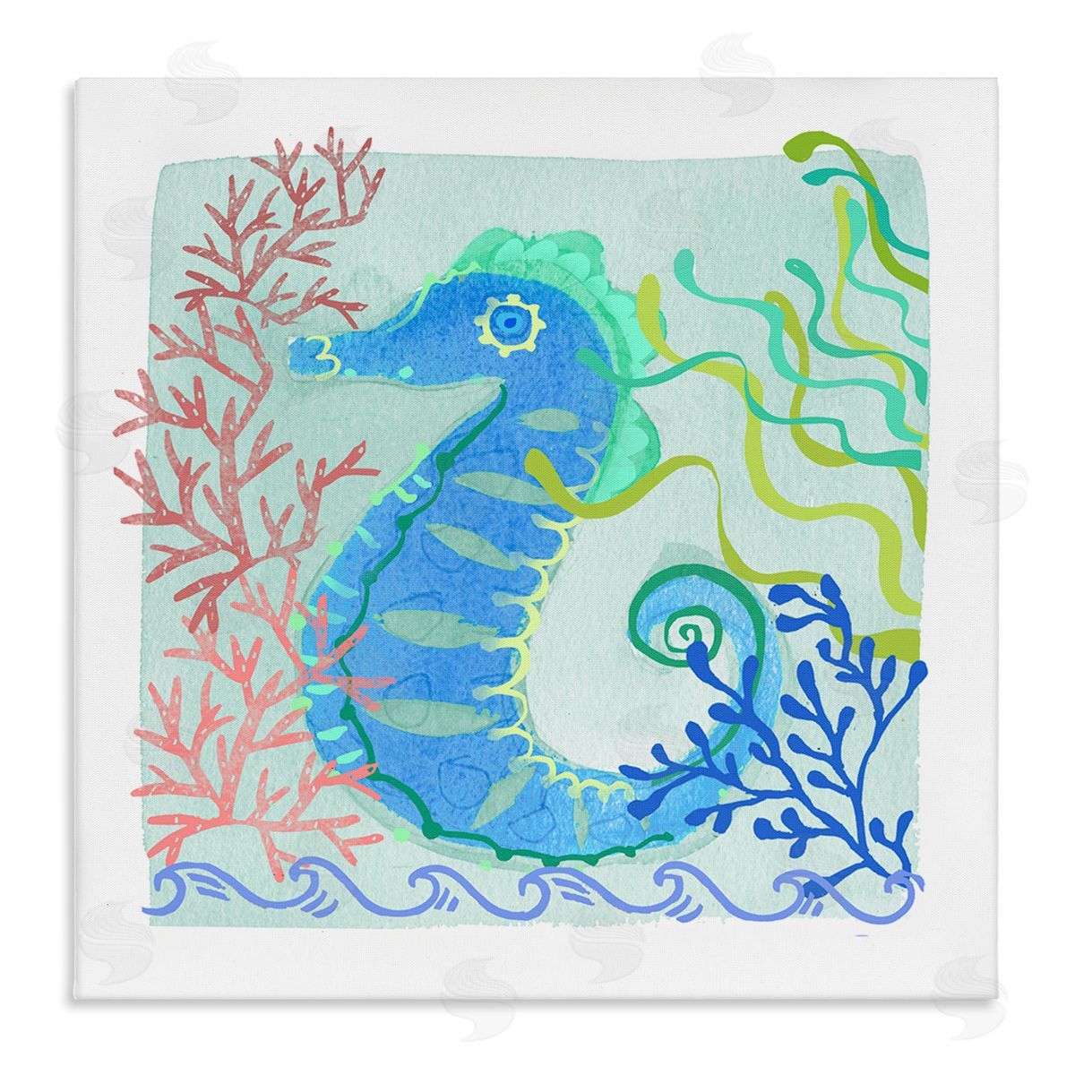 Maret Hensick Funky Seahorse Portrait Layered Sea Life Botanicals Stretched Canvas Wall Art Print