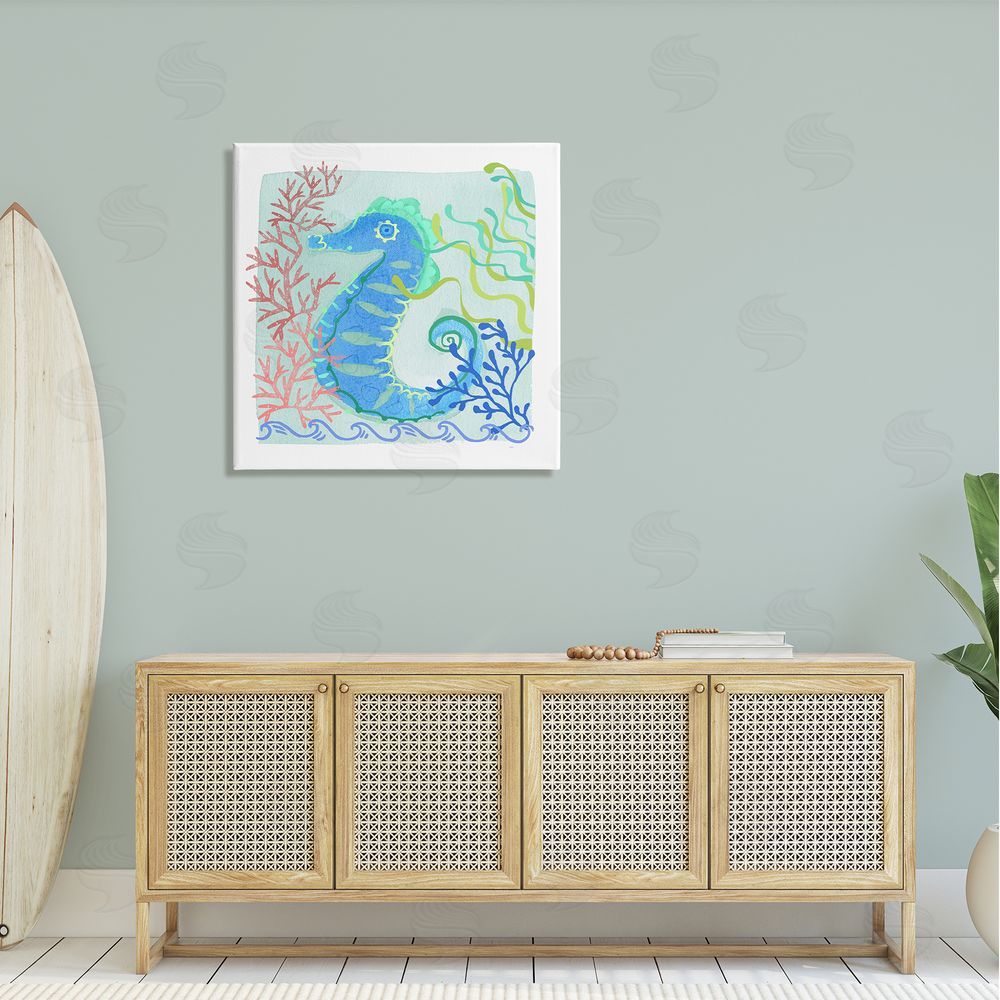 Maret Hensick Funky Seahorse Portrait Layered Sea Life Botanicals Canvas Wall Art in Room