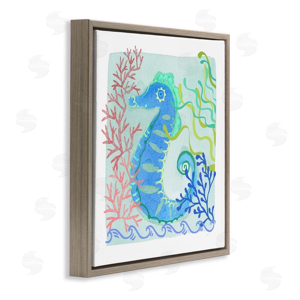 Maret Hensick Funky Seahorse Portrait Layered Sea Life Botanicals Brown Floating Frame Canvas Wall Art Print