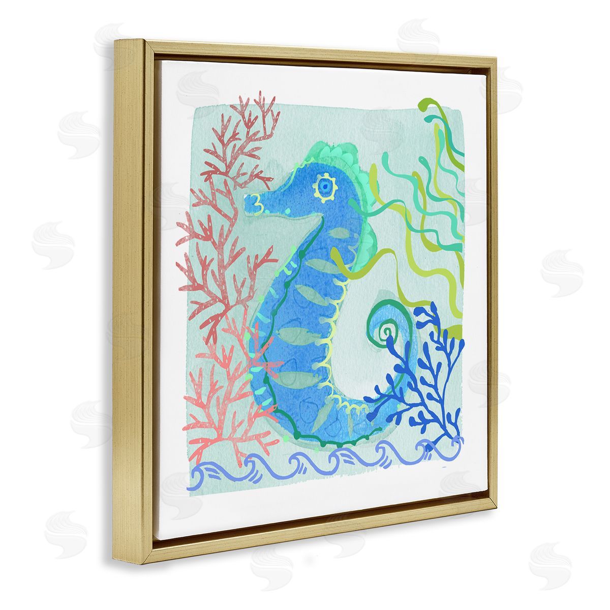Maret Hensick Funky Seahorse Portrait Layered Sea Life Botanicals Gold Floating Frame Canvas Wall Art Print