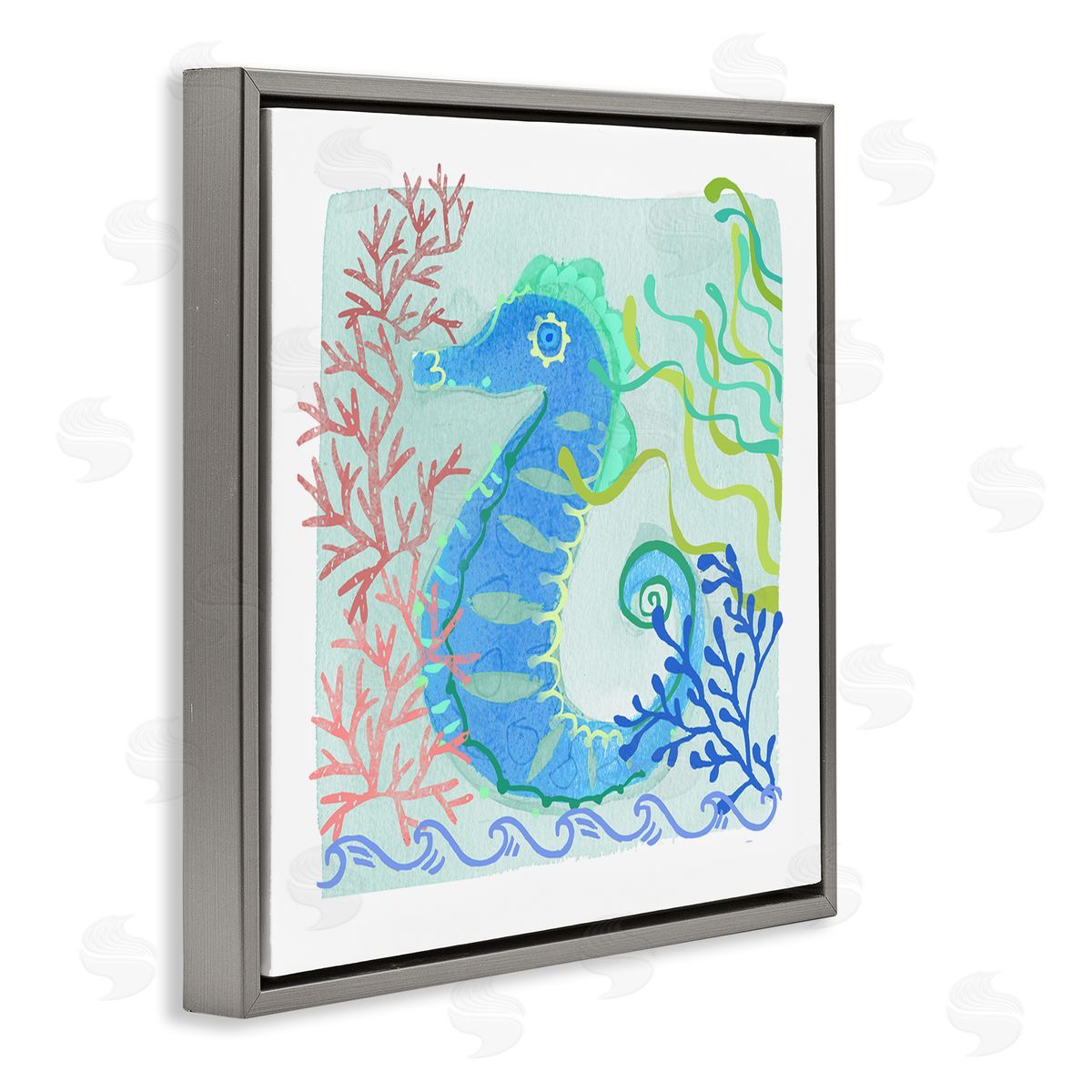 Maret Hensick Funky Seahorse Portrait Layered Sea Life Botanicals Gray Floating Frame Canvas Wall Art Print