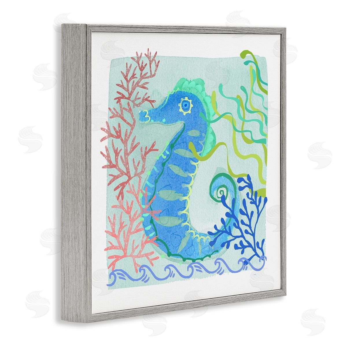 Maret Hensick Funky Seahorse Portrait Layered Sea Life Botanicals Gray Framed Glicee Wall Art Print