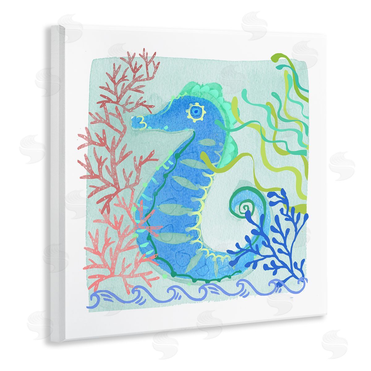 Maret Hensick Funky Seahorse Portrait Layered Sea Life Botanicals Wooden Wall Plaque Art Print