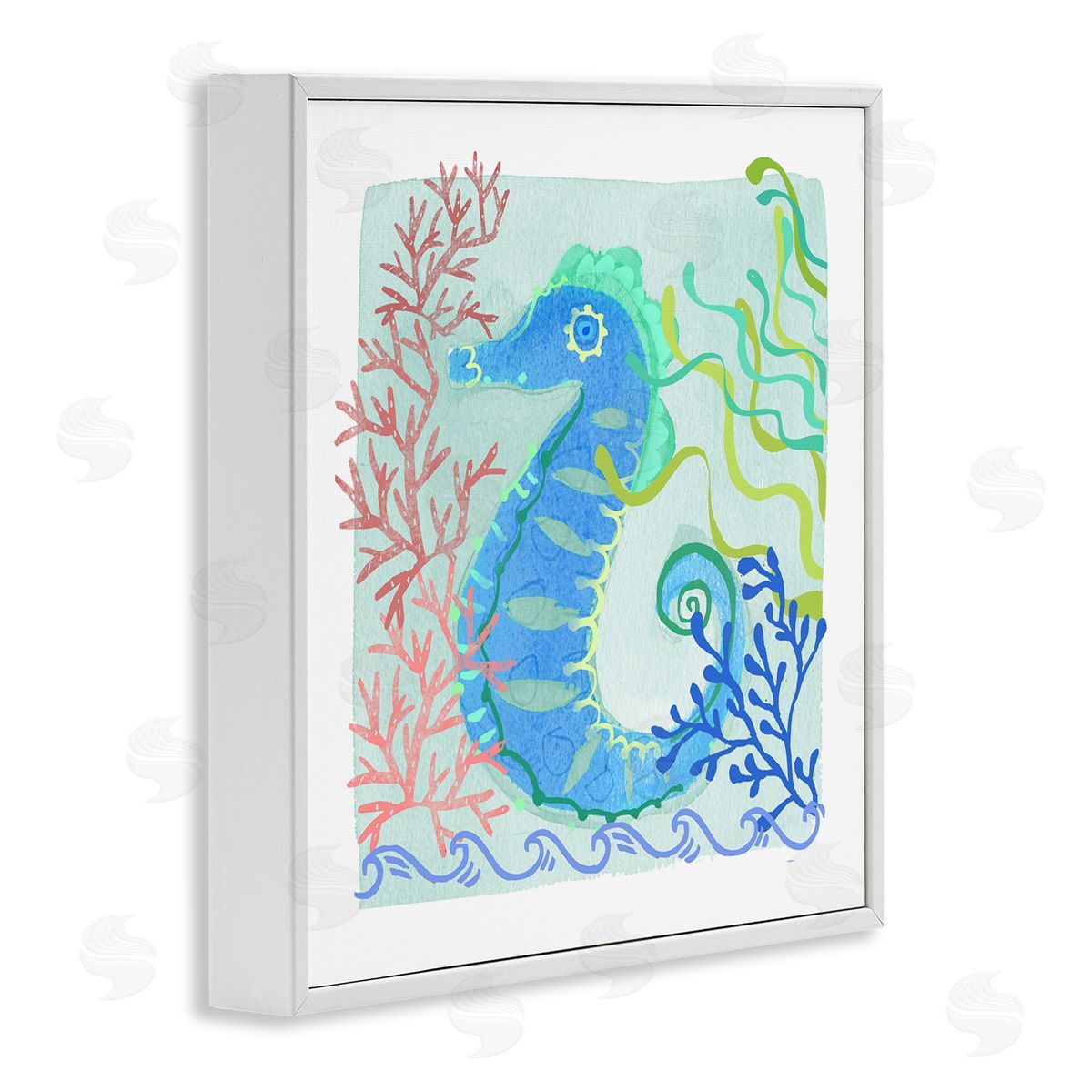 Maret Hensick Funky Seahorse Portrait Layered Sea Life Botanicals White Framed Glicee Wall Art Print