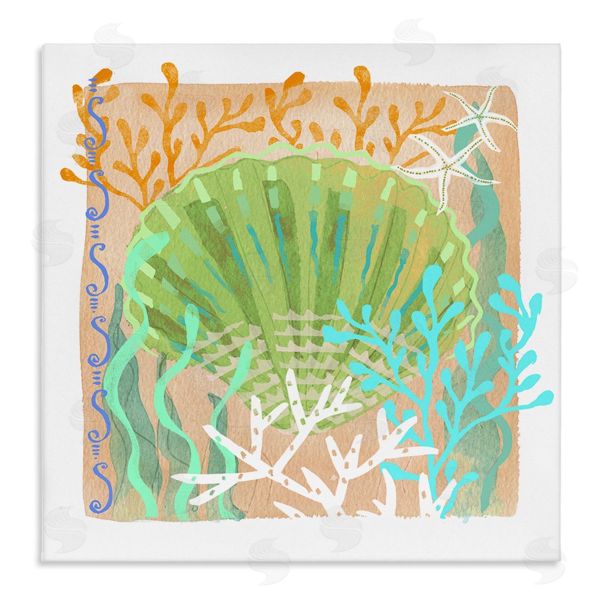 Maret Hensick Vivid Coral Overlay Beach Seashell Watercolor Pattern Stretched Canvas Wall Art Print