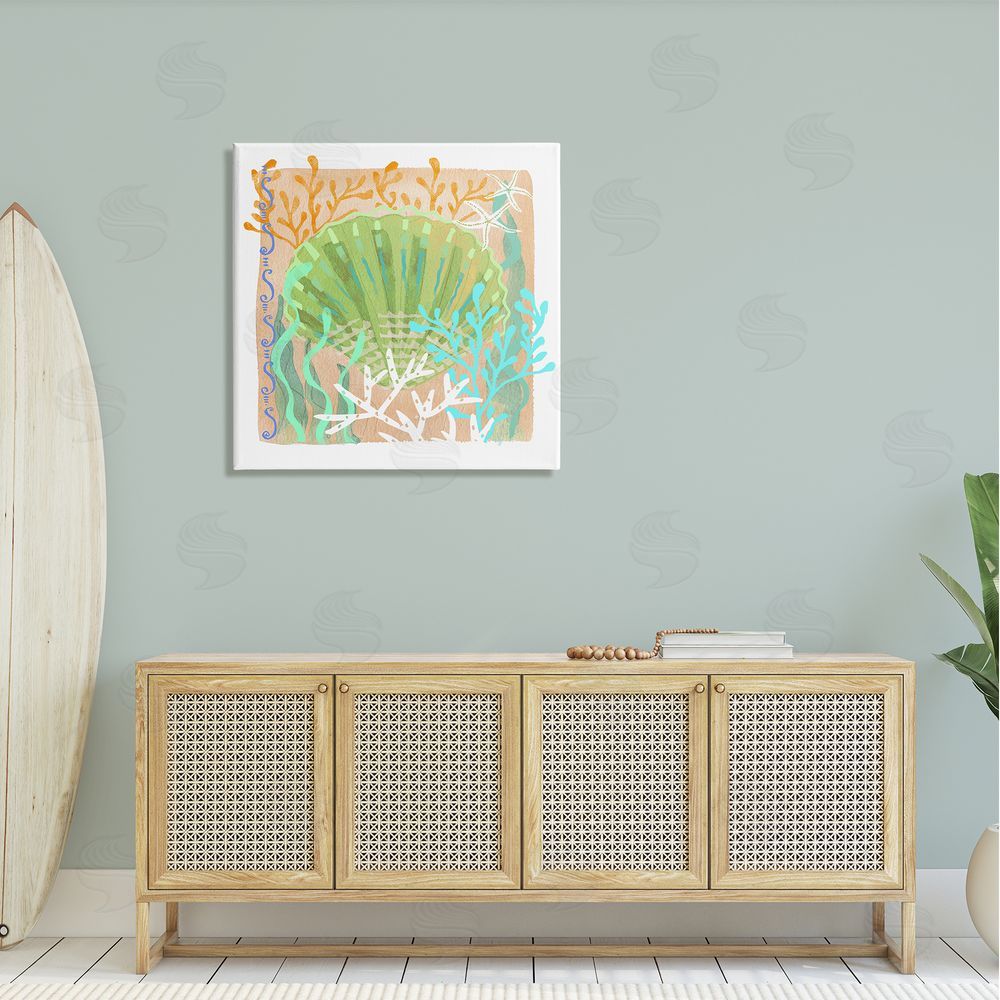 Maret Hensick Vivid Coral Overlay Beach Seashell Watercolor Pattern Canvas Wall Art in Room