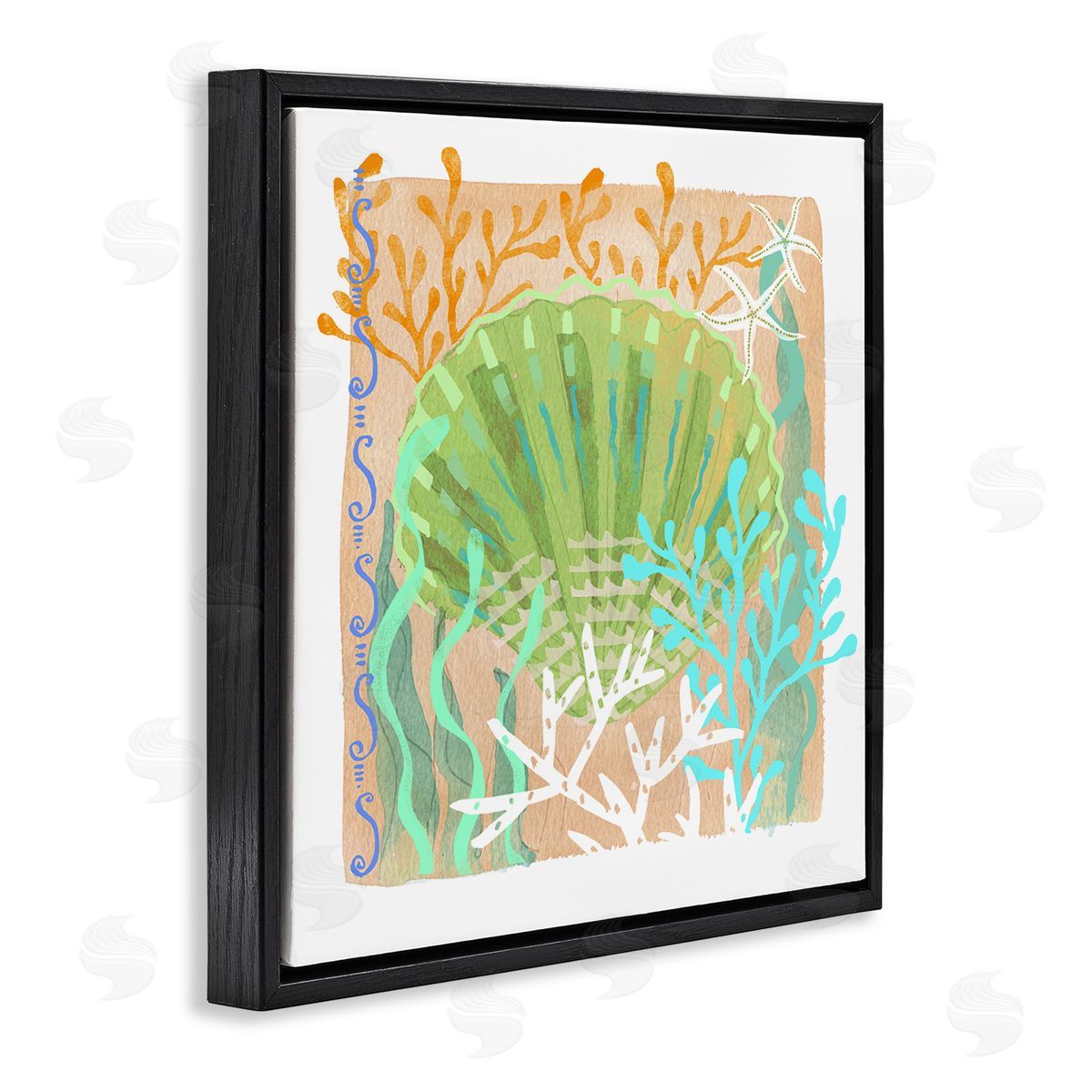 Maret Hensick Vivid Coral Overlay Beach Seashell Watercolor Pattern Black Floating Frame Canvas Wall Art Print