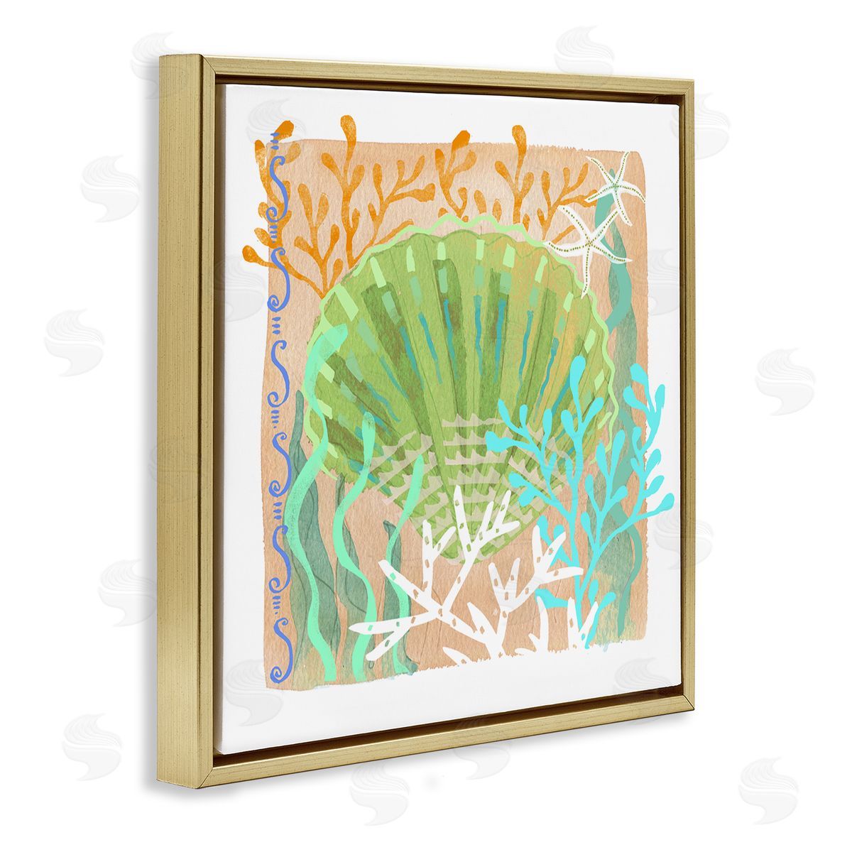 Maret Hensick Vivid Coral Overlay Beach Seashell Watercolor Pattern Gold Floating Frame Canvas Wall Art Print