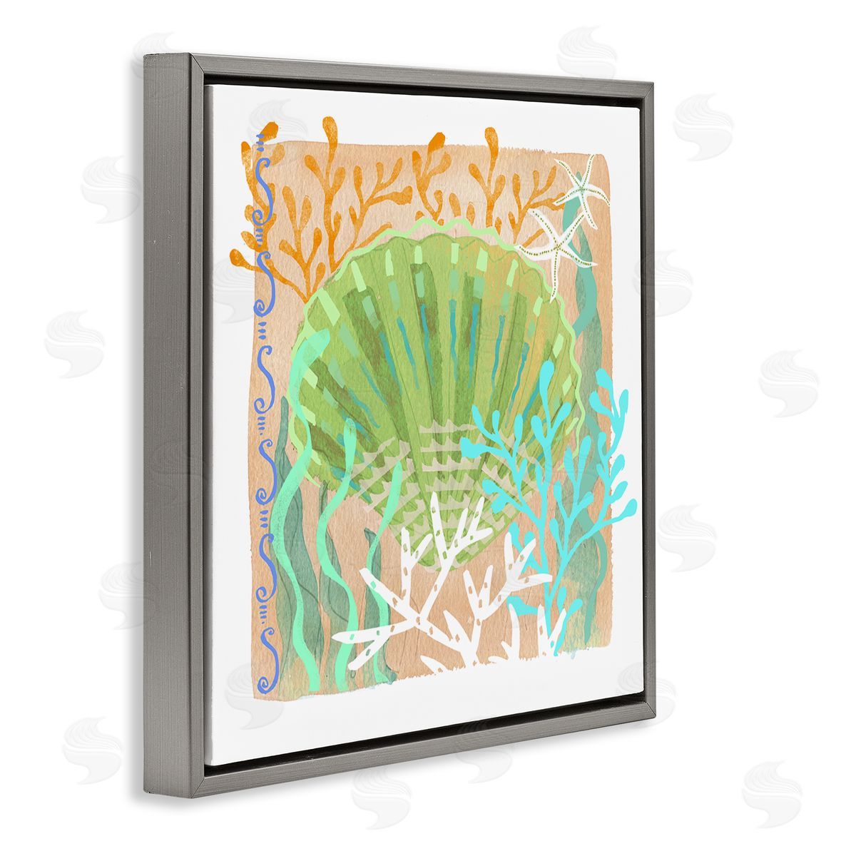 Maret Hensick Vivid Coral Overlay Beach Seashell Watercolor Pattern Gray Floating Frame Canvas Wall Art Print