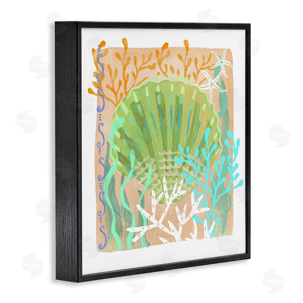 Maret Hensick Vivid Coral Overlay Beach Seashell Watercolor Pattern Black Framed Glicee Wall Art Print