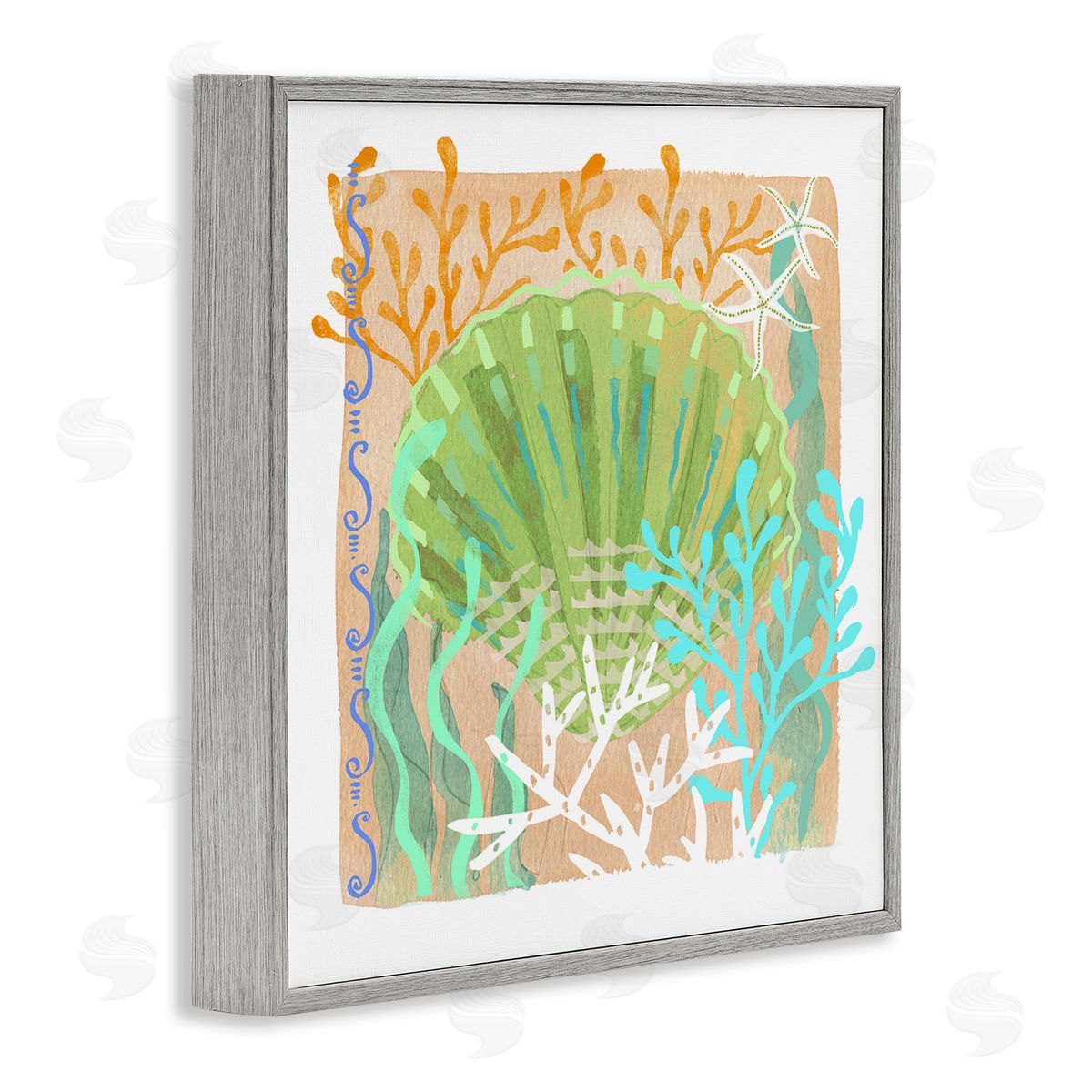 Maret Hensick Vivid Coral Overlay Beach Seashell Watercolor Pattern Gray Framed Glicee Wall Art Print