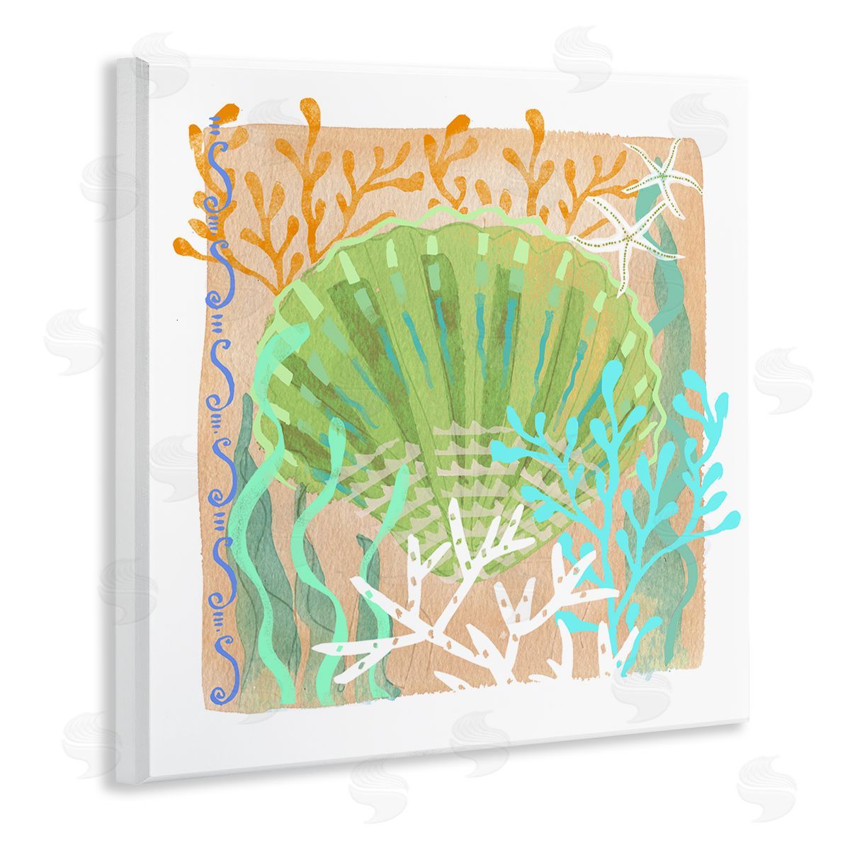 Maret Hensick Vivid Coral Overlay Beach Seashell Watercolor Pattern Wooden Wall Plaque Art Print