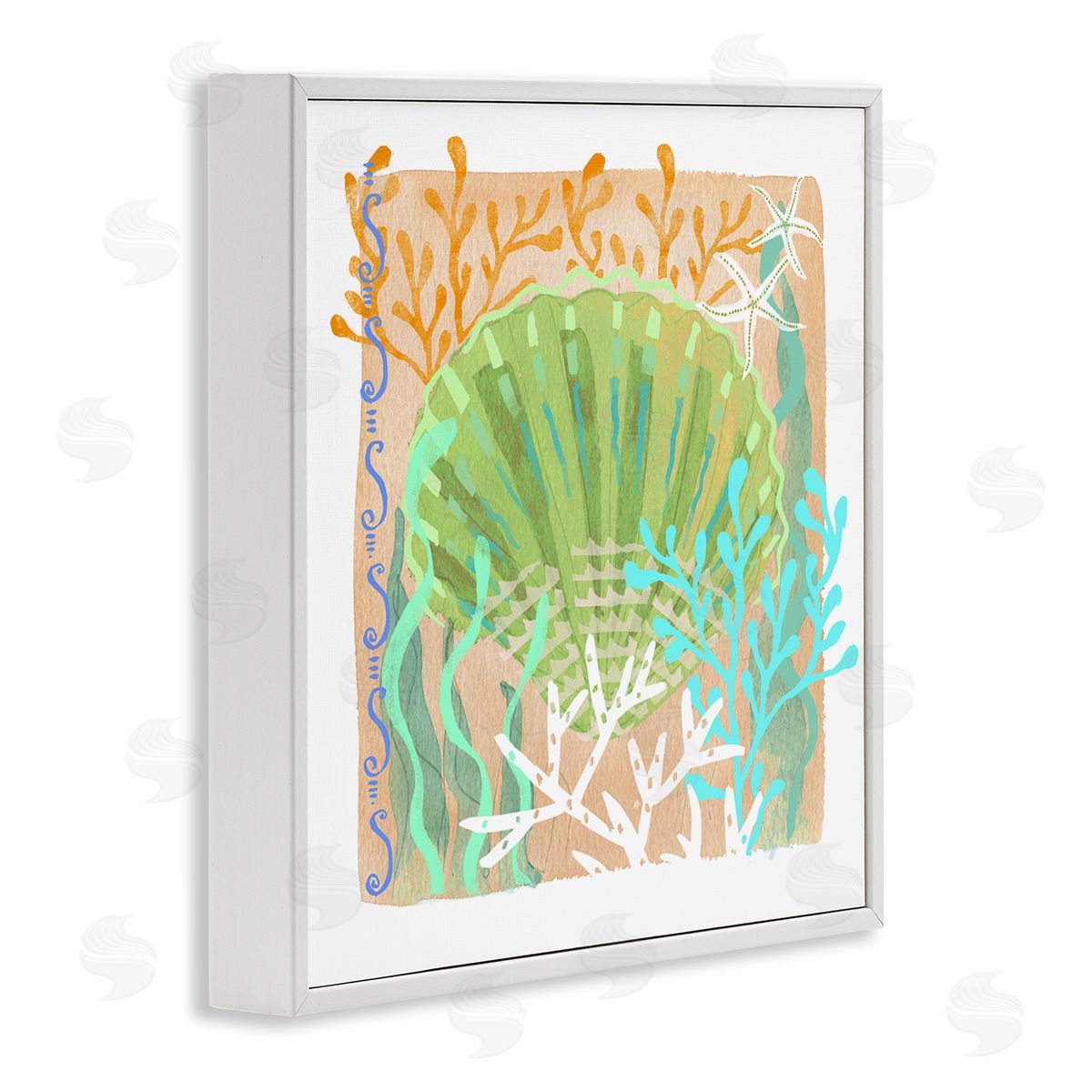 Maret Hensick Vivid Coral Overlay Beach Seashell Watercolor Pattern White Framed Glicee Wall Art Print
