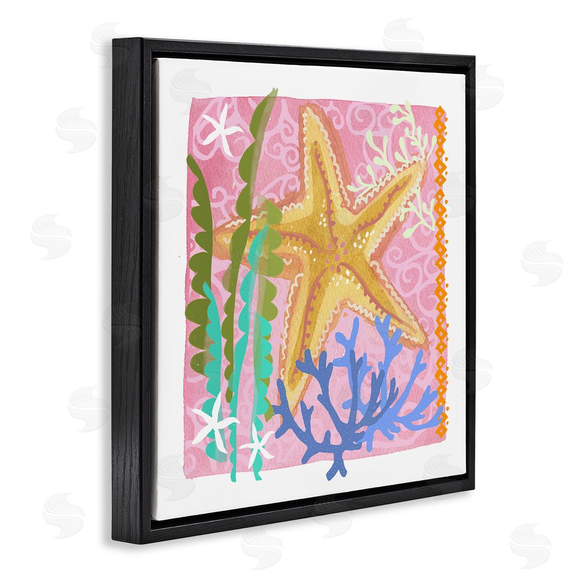 Maret Hensick Bold Sea Life Starfish Botanical Pattern Design Black Floating Frame Canvas Wall Art Print
