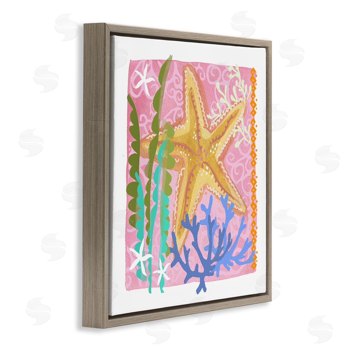 Maret Hensick Bold Sea Life Starfish Botanical Pattern Design Brown Floating Frame Canvas Wall Art Print
