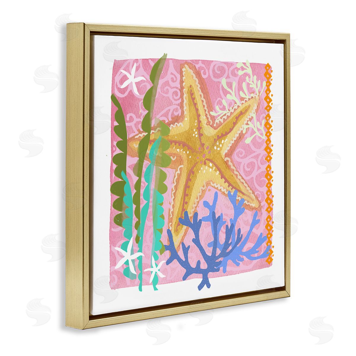 Maret Hensick Bold Sea Life Starfish Botanical Pattern Design Gold Floating Frame Canvas Wall Art Print