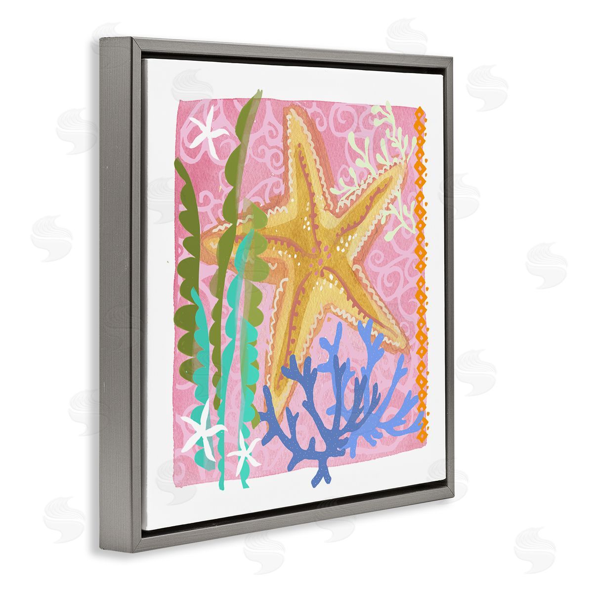 Maret Hensick Bold Sea Life Starfish Botanical Pattern Design Gray Floating Frame Canvas Wall Art Print