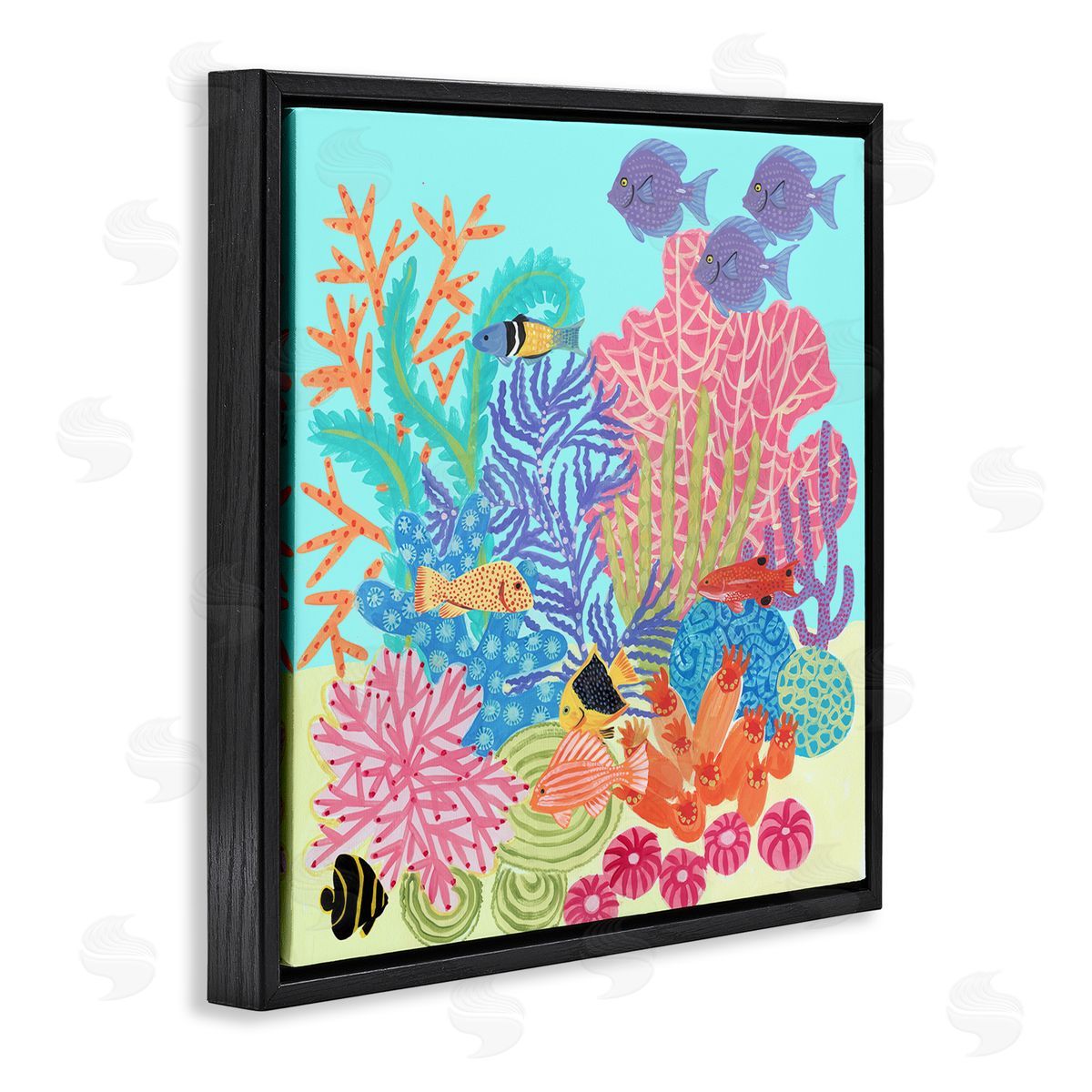 Maret Hensick Bold Coral Reef Underwater Patterned Fish Shapes  Black Floating Frame Canvas Wall Art Print