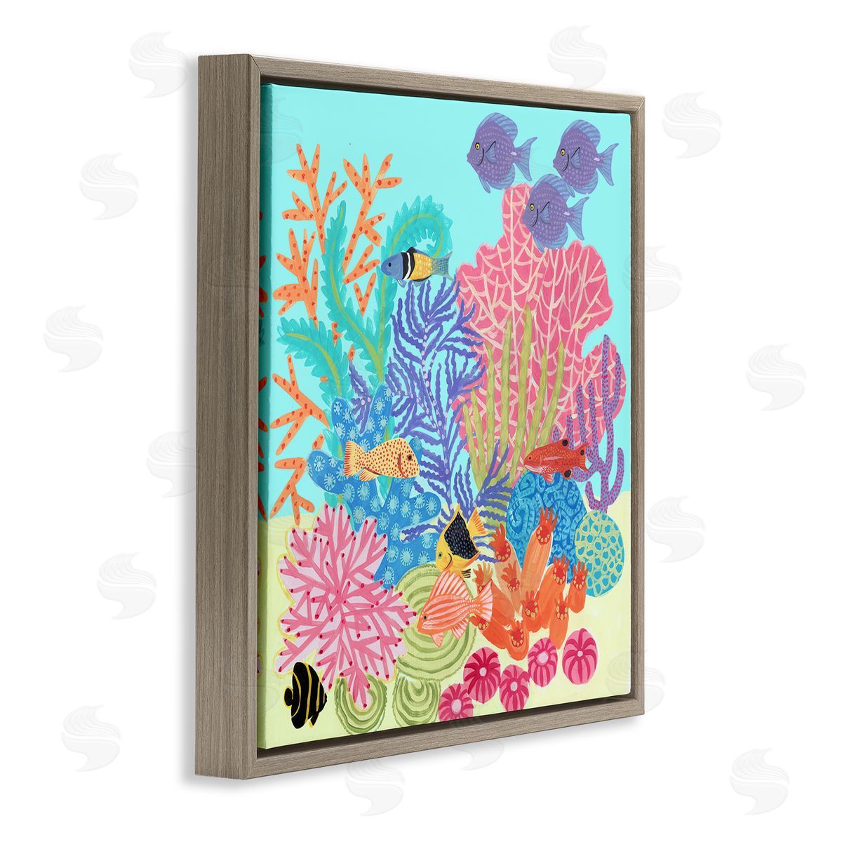 Maret Hensick Bold Coral Reef Underwater Patterned Fish Shapes  Brown Floating Frame Canvas Wall Art Print