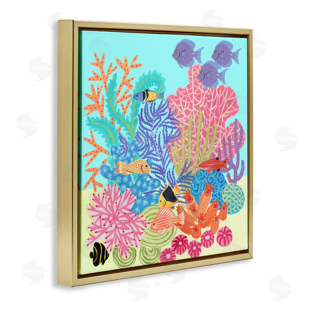 Maret Hensick Bold Coral Reef Underwater Patterned Fish Shapes  Gold Floating Frame Canvas Wall Art Print
