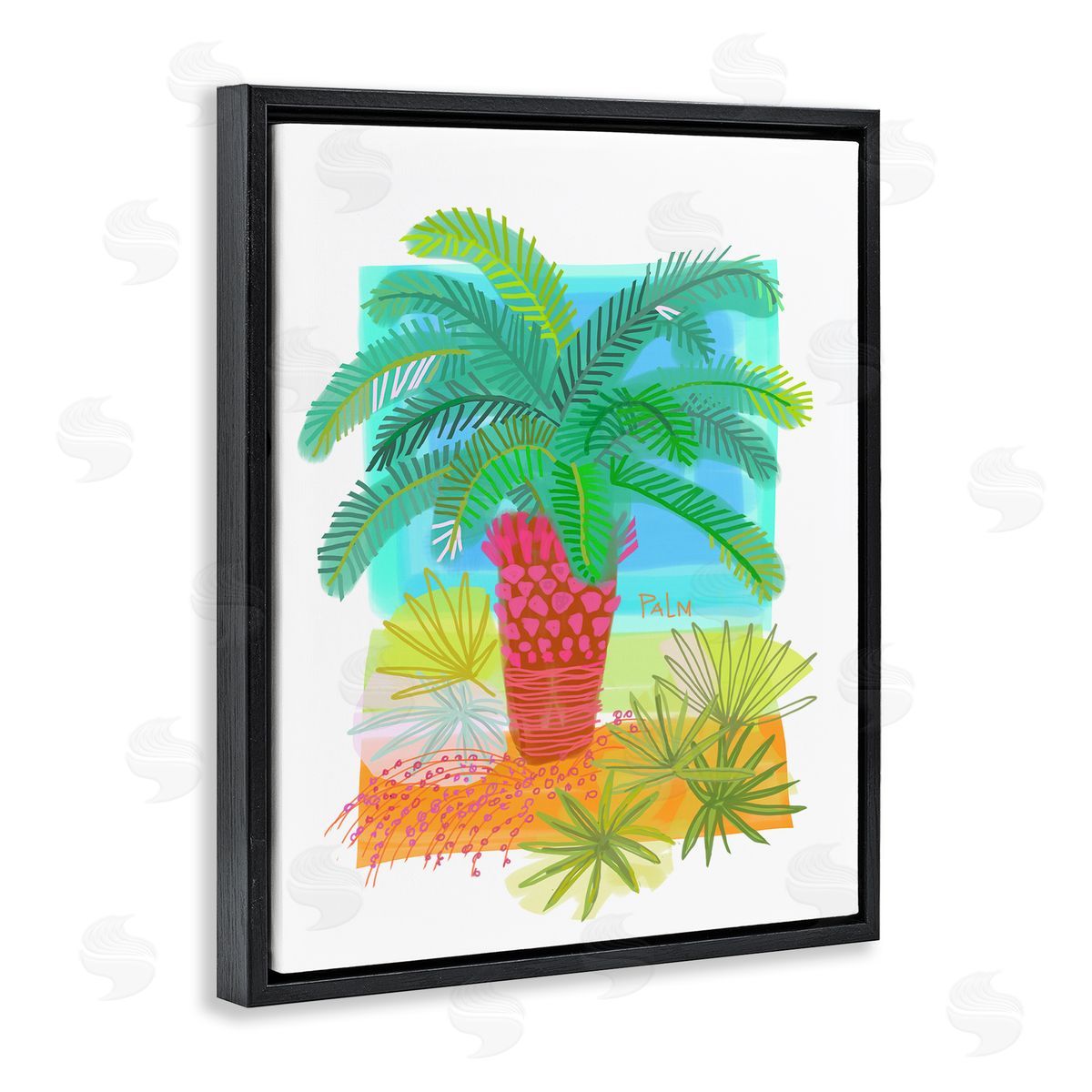 Maret Hensick Tropical Palm Plant Leaves Whimsical Summer Botanicals Black Floating Frame Canvas Wall Art Print