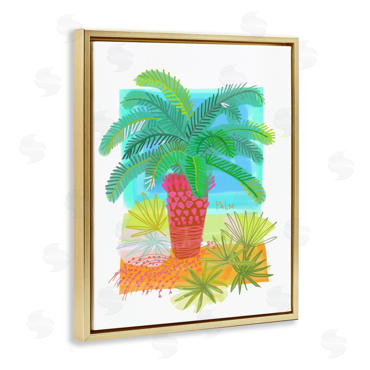 Maret Hensick Tropical Palm Plant Leaves Whimsical Summer Botanicals Gold Floating Frame Canvas Wall Art Print