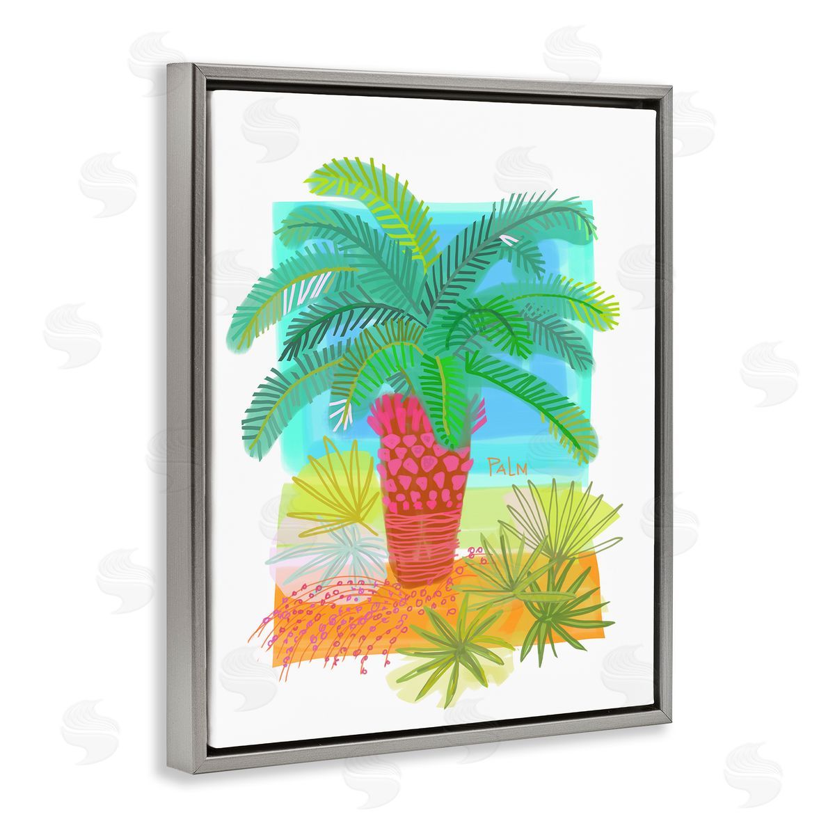 Maret Hensick Tropical Palm Plant Leaves Whimsical Summer Botanicals Gray Floating Frame Canvas Wall Art Print