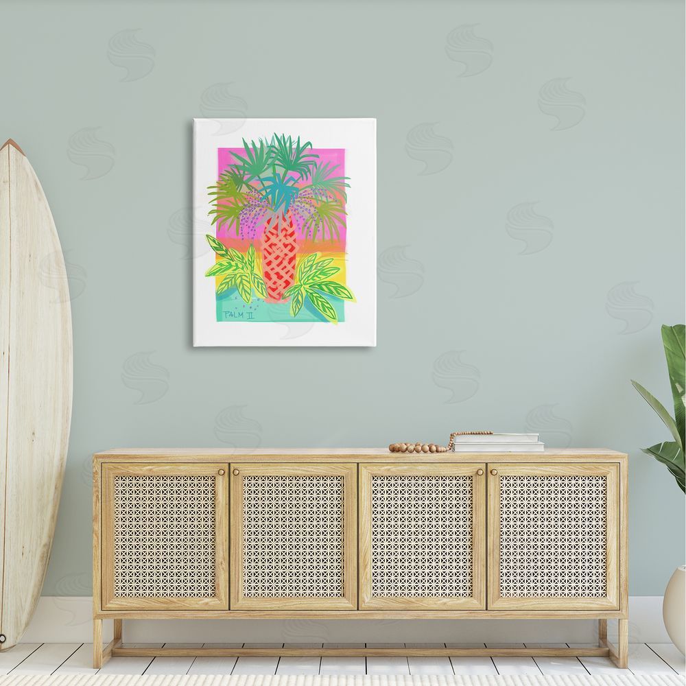 Maret Hensick Neon Palm Tree Botanicals Tropical Coastal Leaves Canvas Wall Art Print in Room