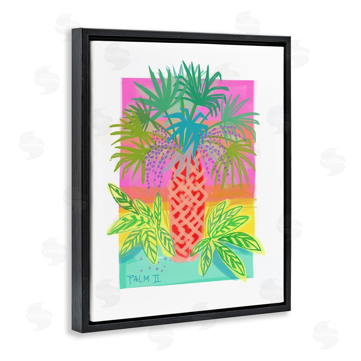 Maret Hensick Neon Palm Tree Botanicals Tropical Coastal Leaves Black Floating Frame Canvas Wall Art Print