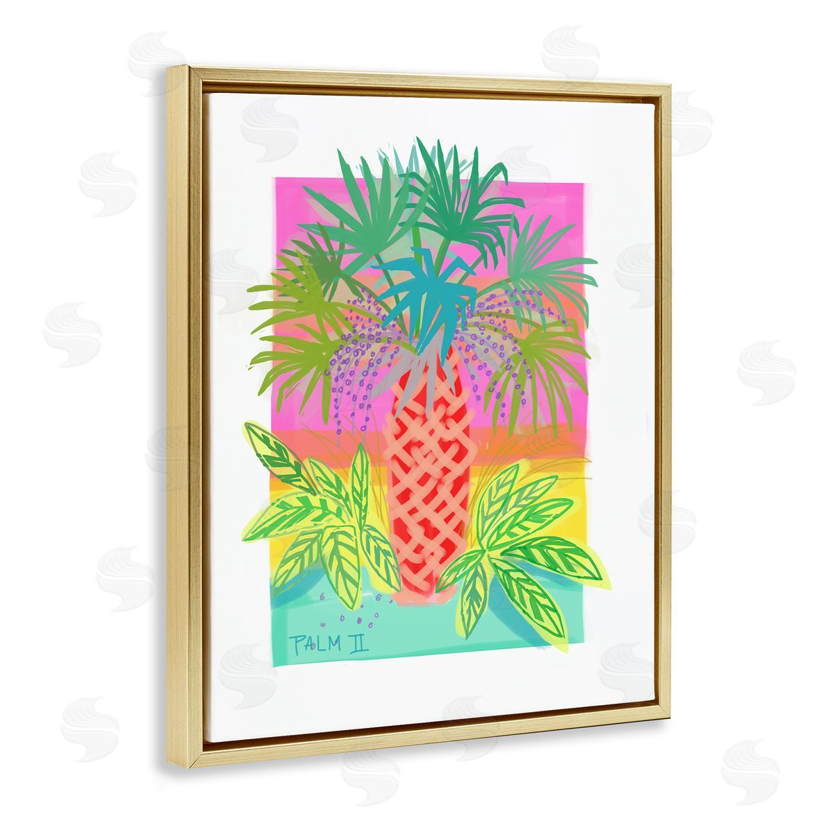 Maret Hensick Neon Palm Tree Botanicals Tropical Coastal Leaves Gold Floating Frame Canvas Wall Art Print