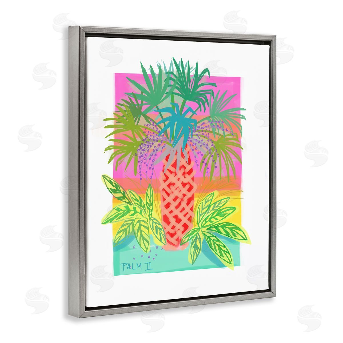 Maret Hensick Neon Palm Tree Botanicals Tropical Coastal Leaves Gray Floating Frame Canvas Wall Art Print
