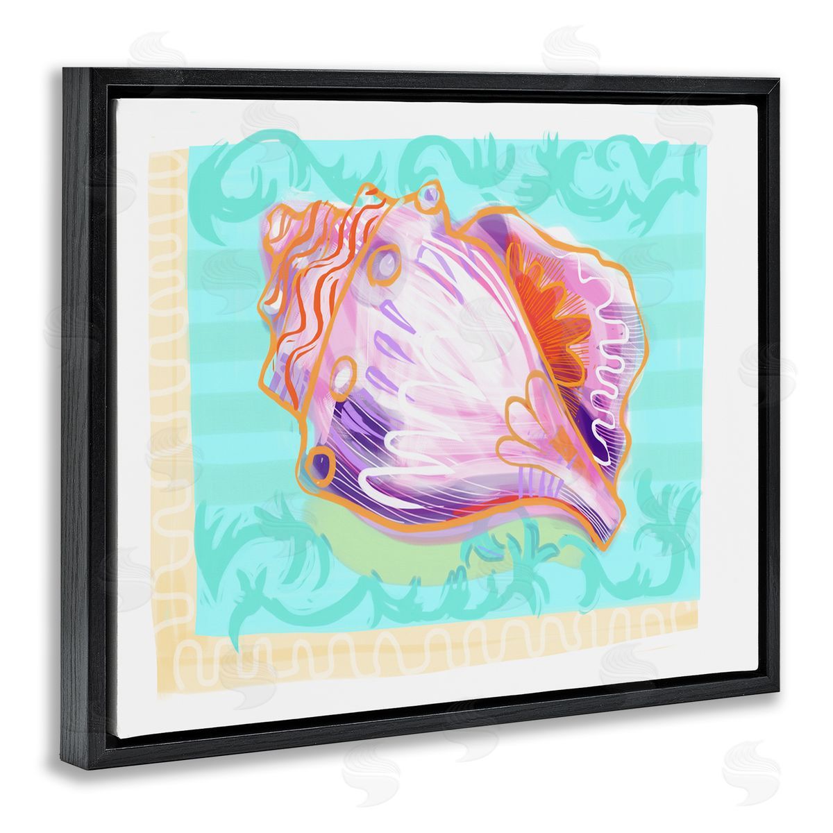 Maret Hensick Patterned Conch Seashell Illustration Nautical Sea Life Black Floating Frame Canvas Wall Art Print