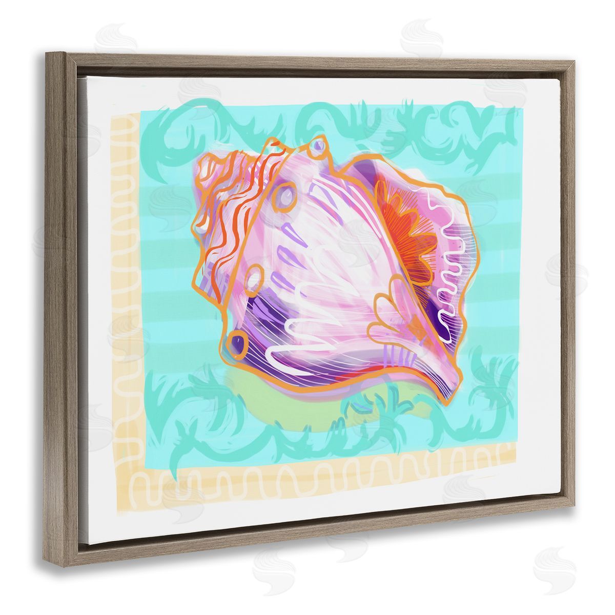 Maret Hensick Patterned Conch Seashell Illustration Nautical Sea Life Brown Floating Frame Canvas Wall Art Print