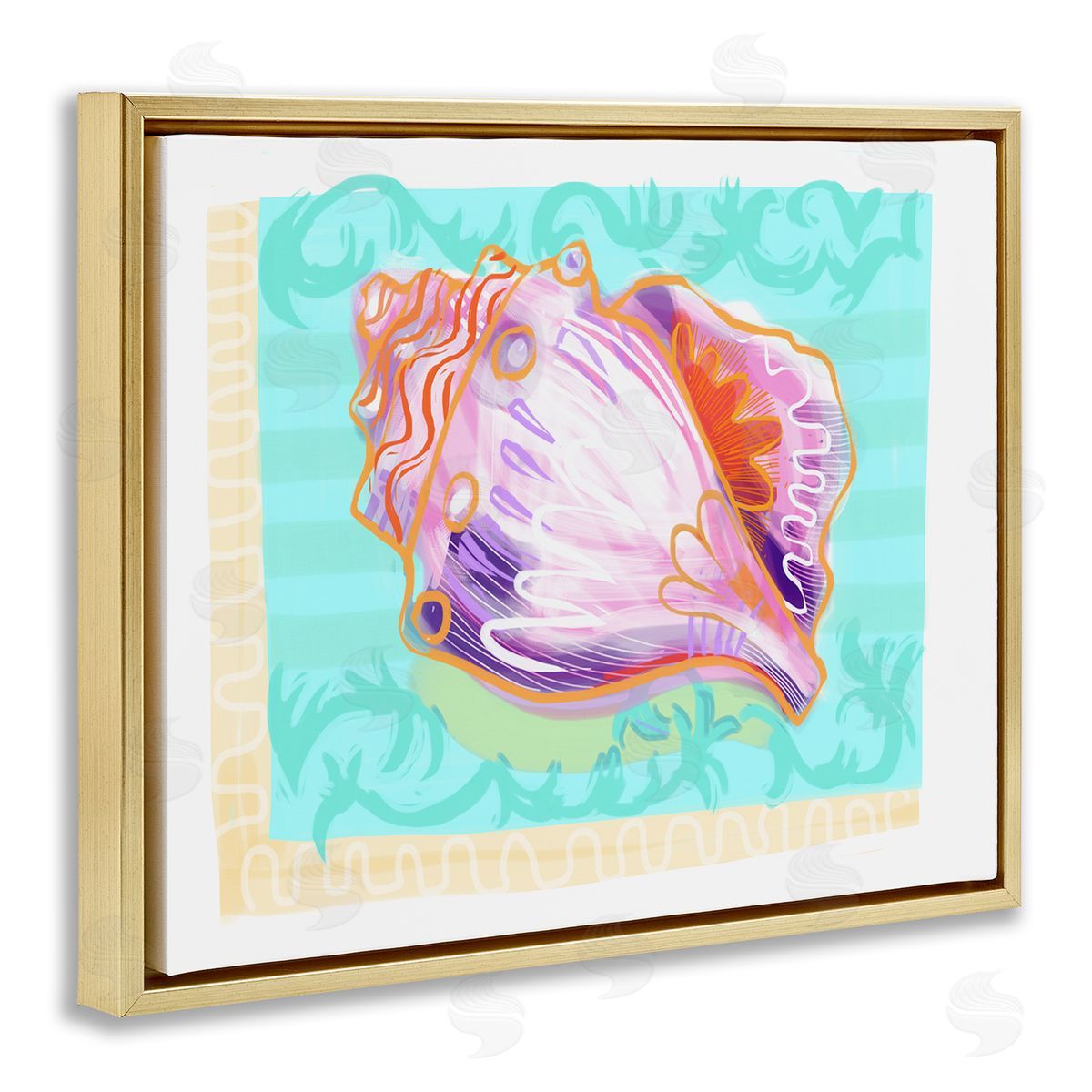 Maret Hensick Patterned Conch Seashell Illustration Nautical Sea Life Gold Floating Frame Canvas Wall Art Print