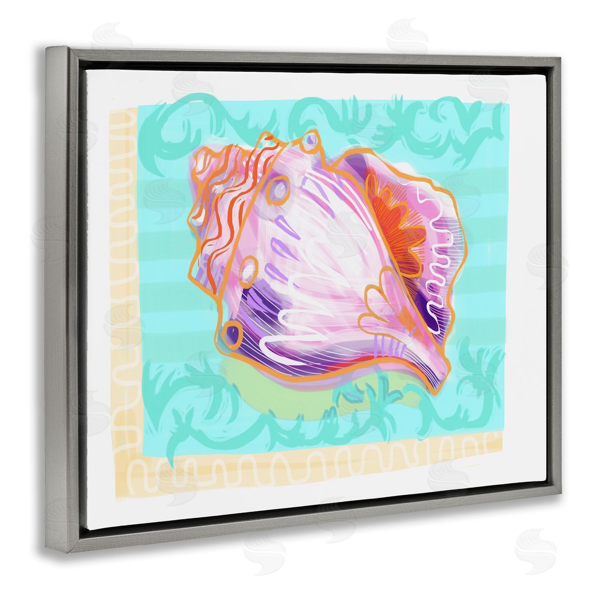Maret Hensick Patterned Conch Seashell Illustration Nautical Sea Life Gray Floating Frame Canvas Wall Art Print