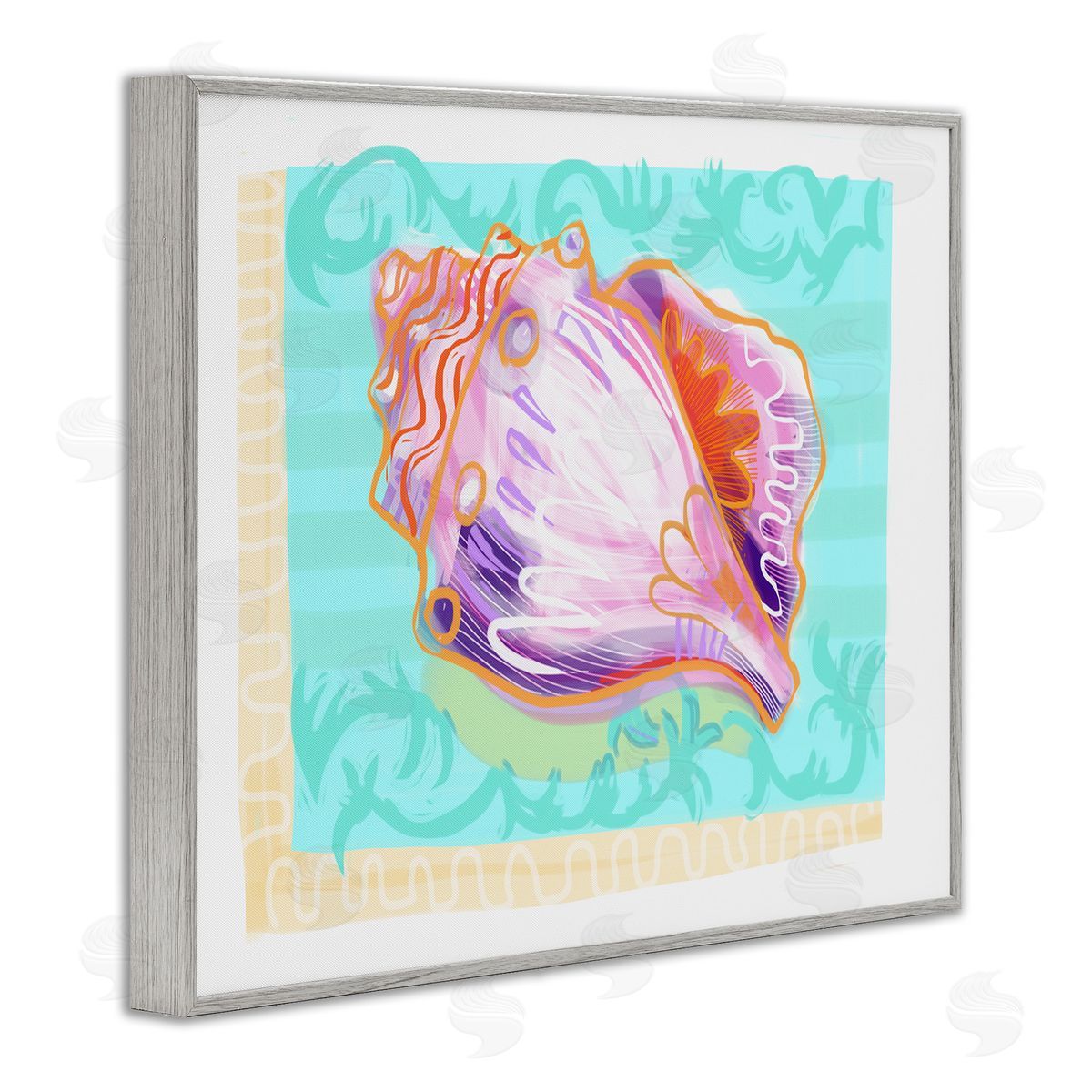 Maret Hensick Patterned Conch Seashell Illustration Nautical Sea Life Gray Framed Giclee Wall Art Print