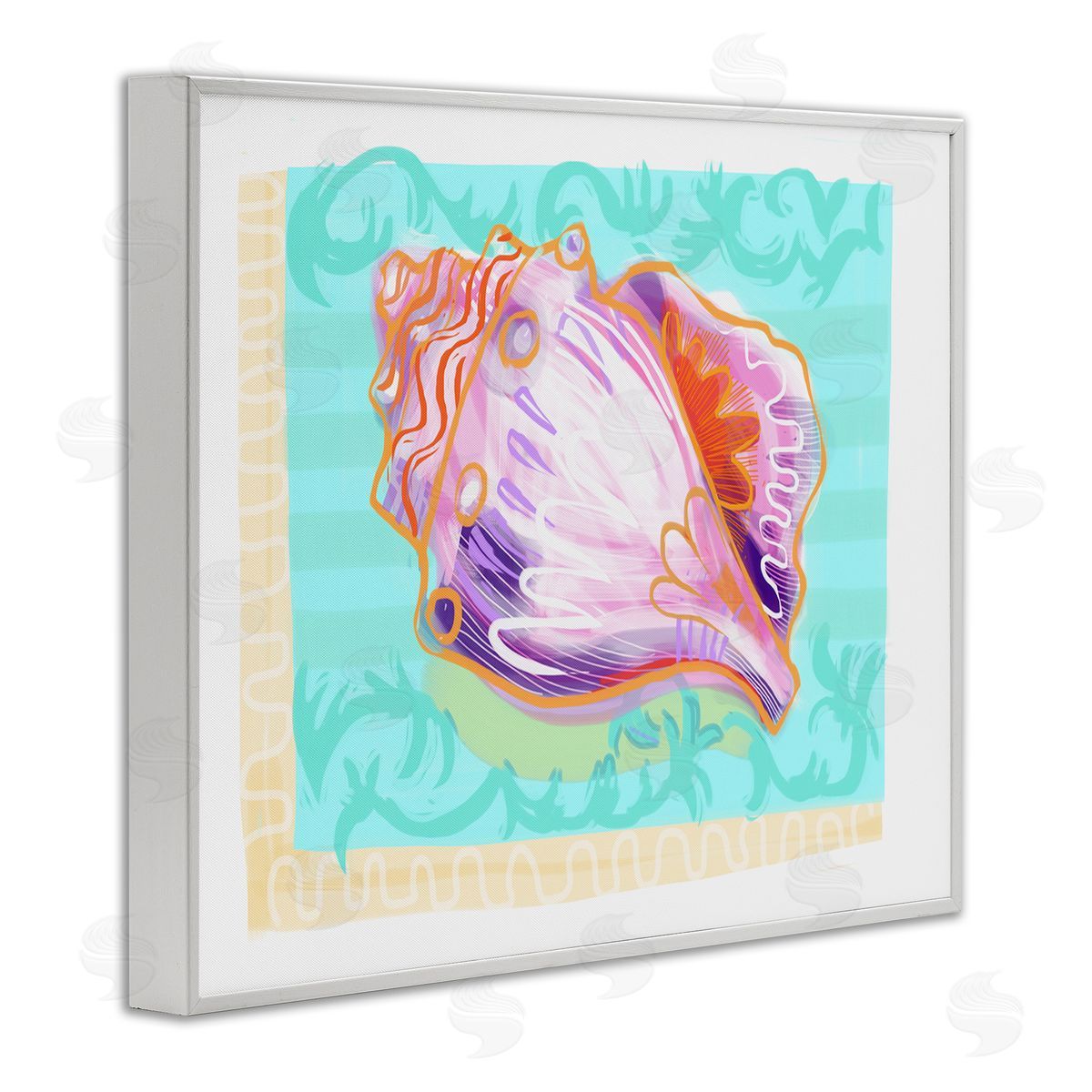 Maret Hensick Patterned Conch Seashell Illustration Nautical Sea Life White Framed Giclee Wall Art Print