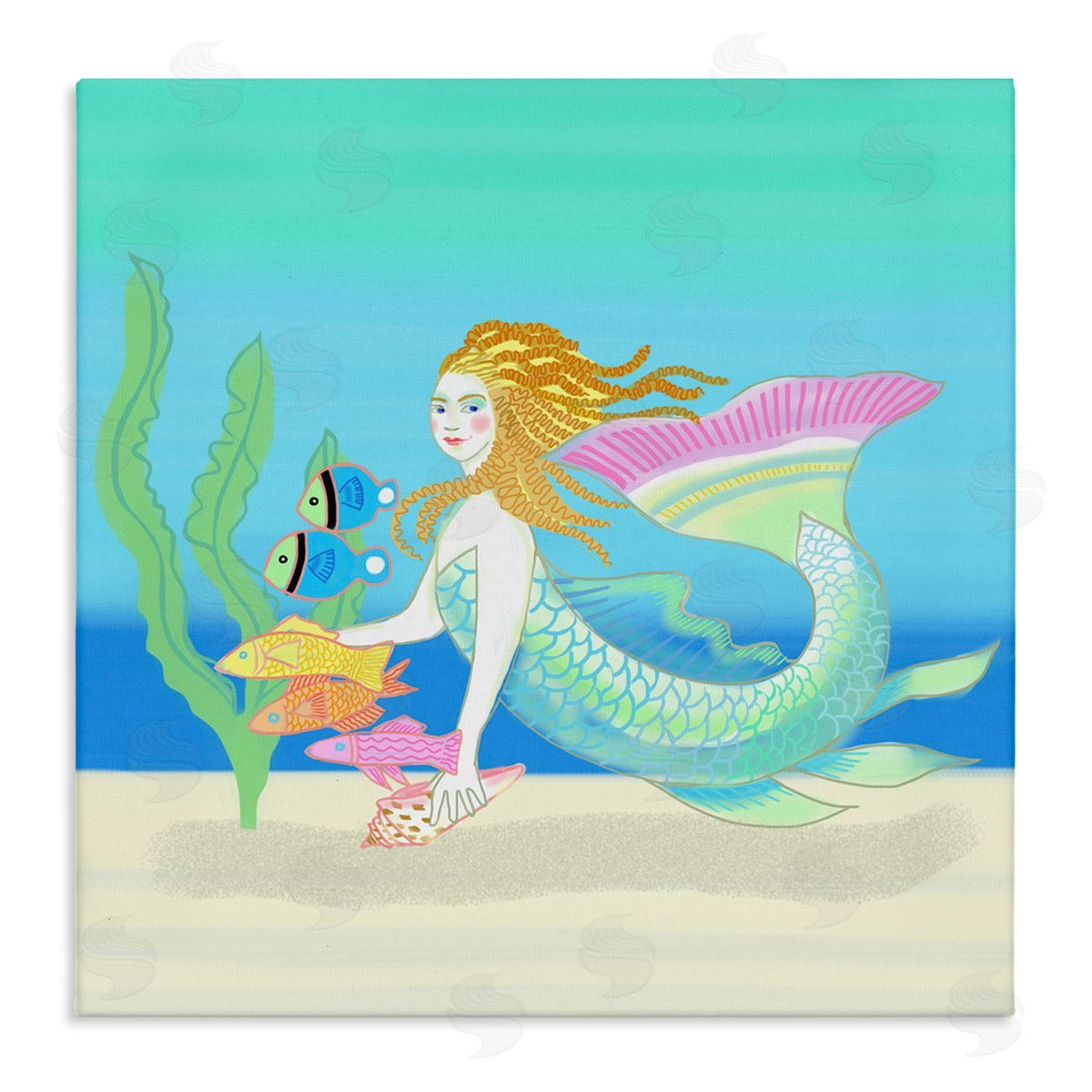 Maret Hensick Underwater Mermaid & Fish Swimming Ocean Seaweed Stretched Canvas Wall Art Print