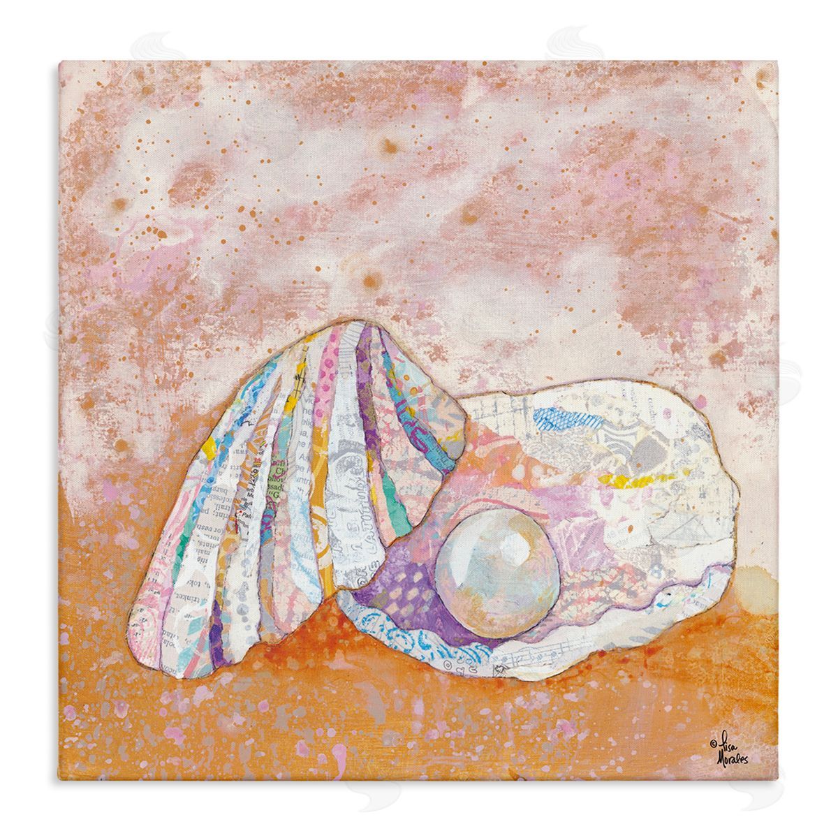 Lisa Morales Collaged Clam Shell Pearl Mixed Speckled Ephemera Stretched Canvas Wall Art Print