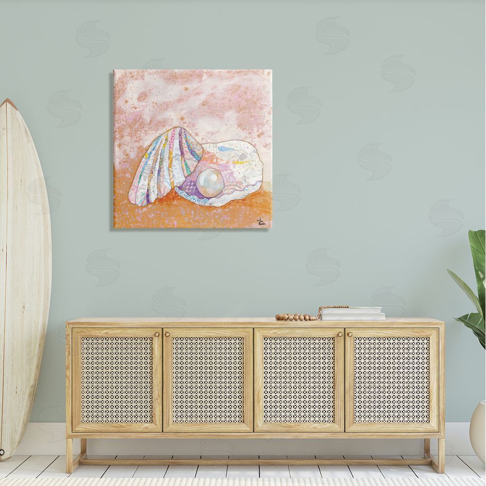 Lisa Morales Collaged Clam Shell Pearl Mixed Speckled Ephemera Canvas Wall Art in Room