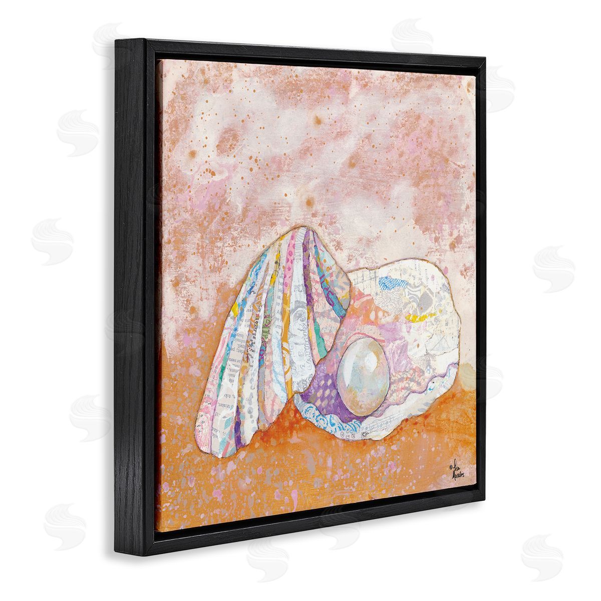 Lisa Morales Collaged Clam Shell Pearl Mixed Speckled Ephemera Black Floating Frame Canvas Wall Art Print