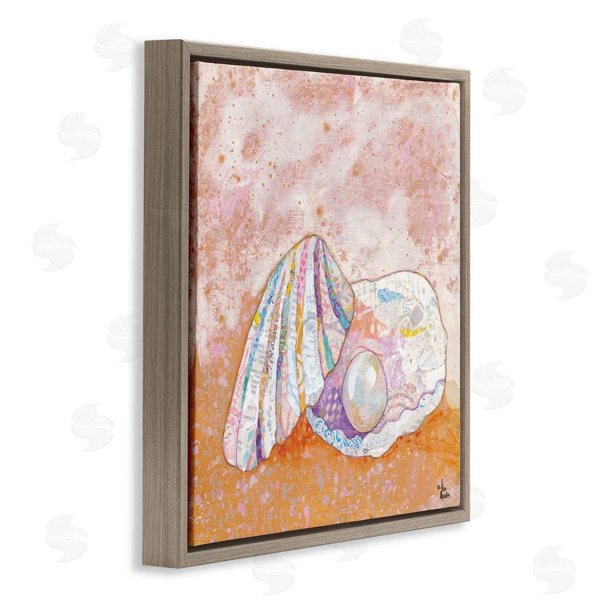 Lisa Morales Collaged Clam Shell Pearl Mixed Speckled Ephemera Brown Floating Frame Canvas Wall Art Print