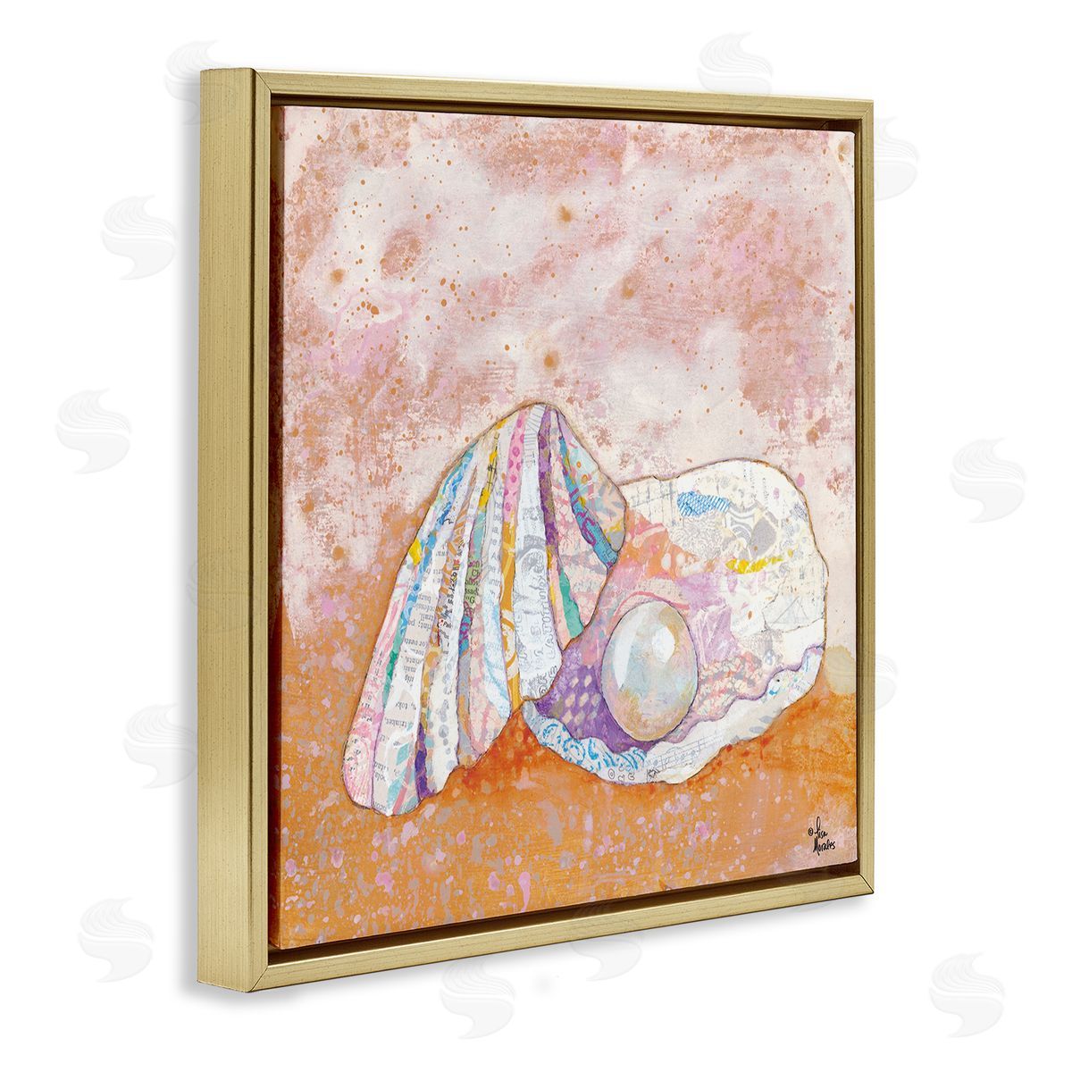 Lisa Morales Collaged Clam Shell Pearl Mixed Speckled Ephemera Gold Floating Frame Canvas Wall Art Print