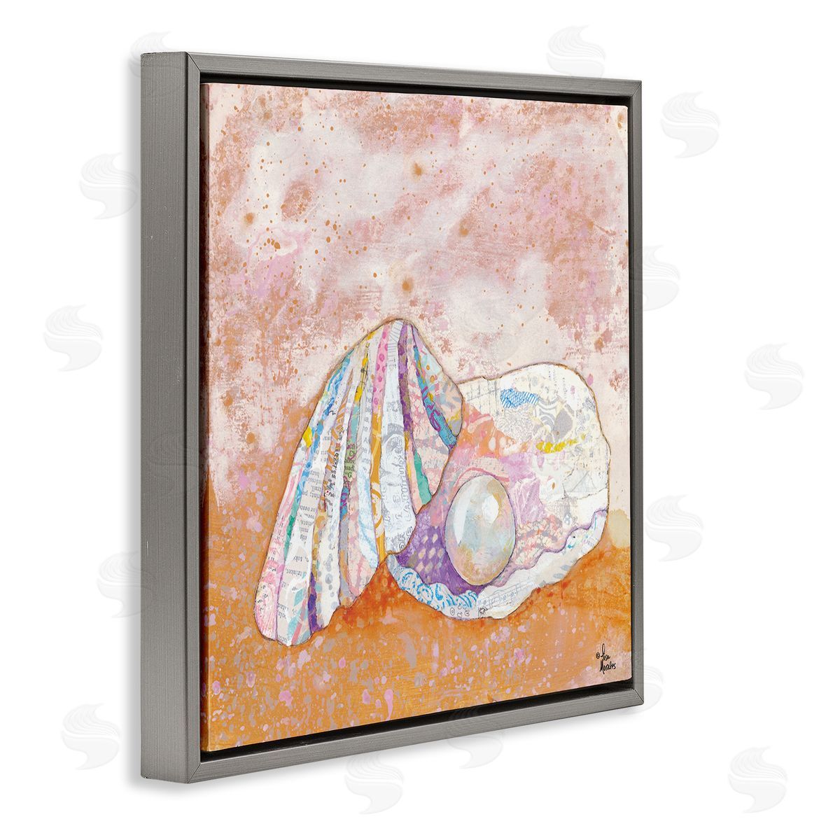 Lisa Morales Collaged Clam Shell Pearl Mixed Speckled Ephemera Gray Floating Frame Canvas Wall Art Print