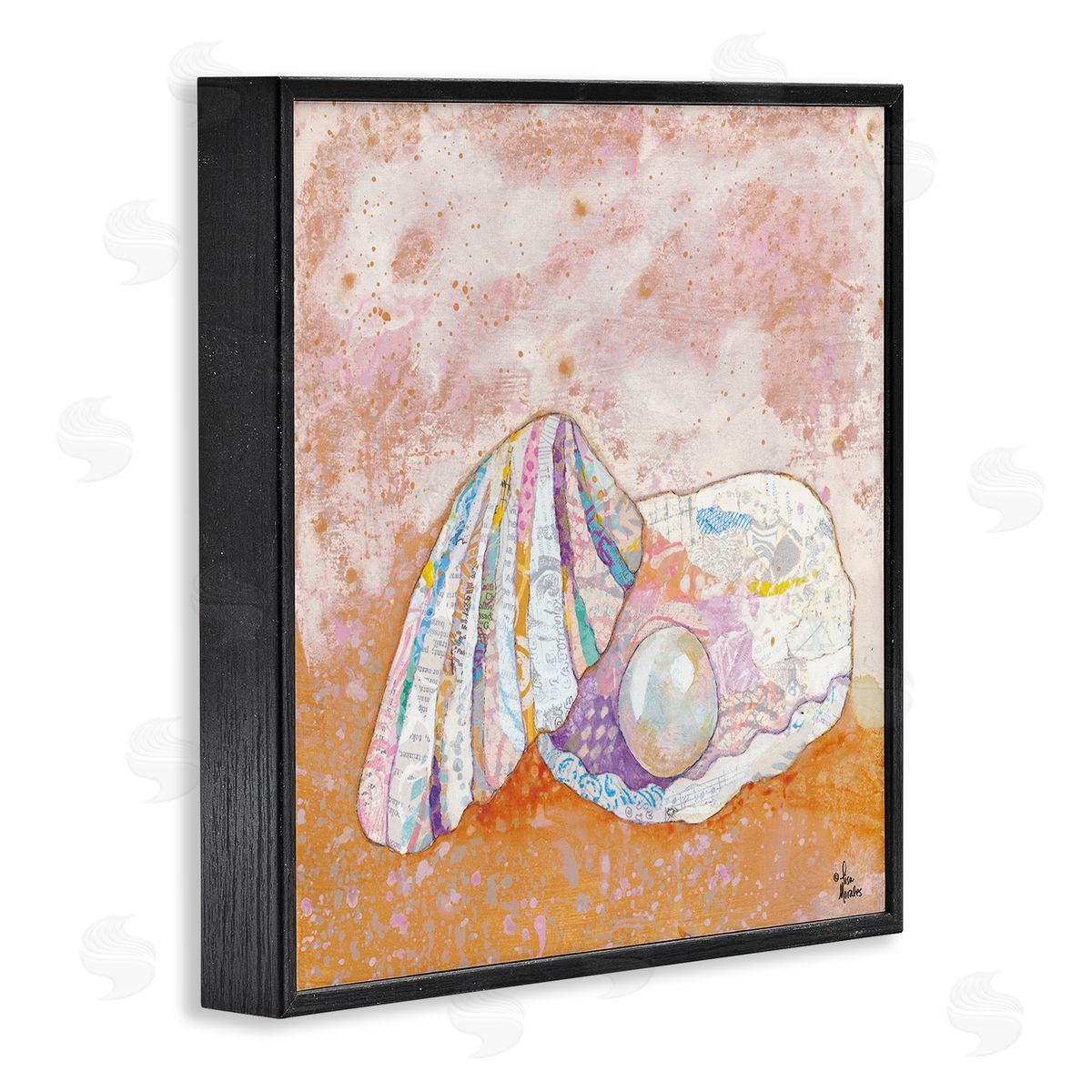 Lisa Morales Collaged Clam Shell Pearl Mixed Speckled Ephemera Black Framed Glicee Wall Art Print