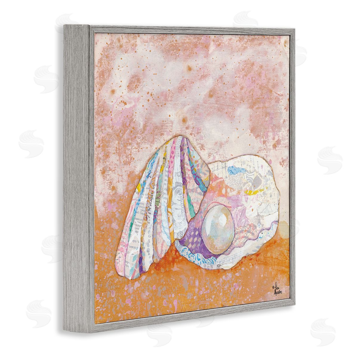 Lisa Morales Collaged Clam Shell Pearl Mixed Speckled Ephemera Gray Framed Glicee Wall Art Print